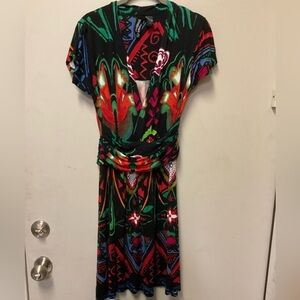 Desigual Black Red V-Neck Stretch Dress Sz XS